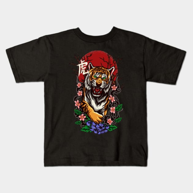 Japanese style tiger and cherry blossom tree Kids T-Shirt by YulsArtwork